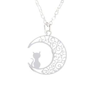 Silver Cat on Moon Pendant Necklace